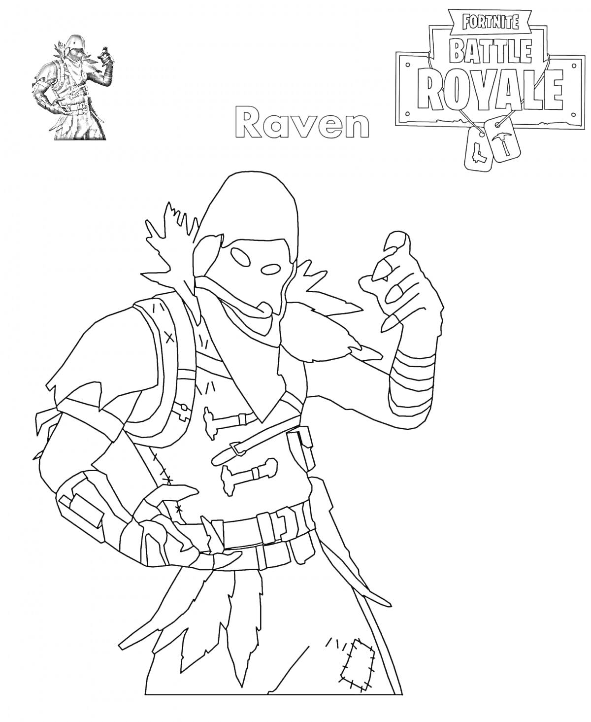 Раскраска персонажа Raven из Fortnite Battle Royale, с изображением бойца с капюшоном, бронёй и наплечниками, в позе с поднятой рукой.