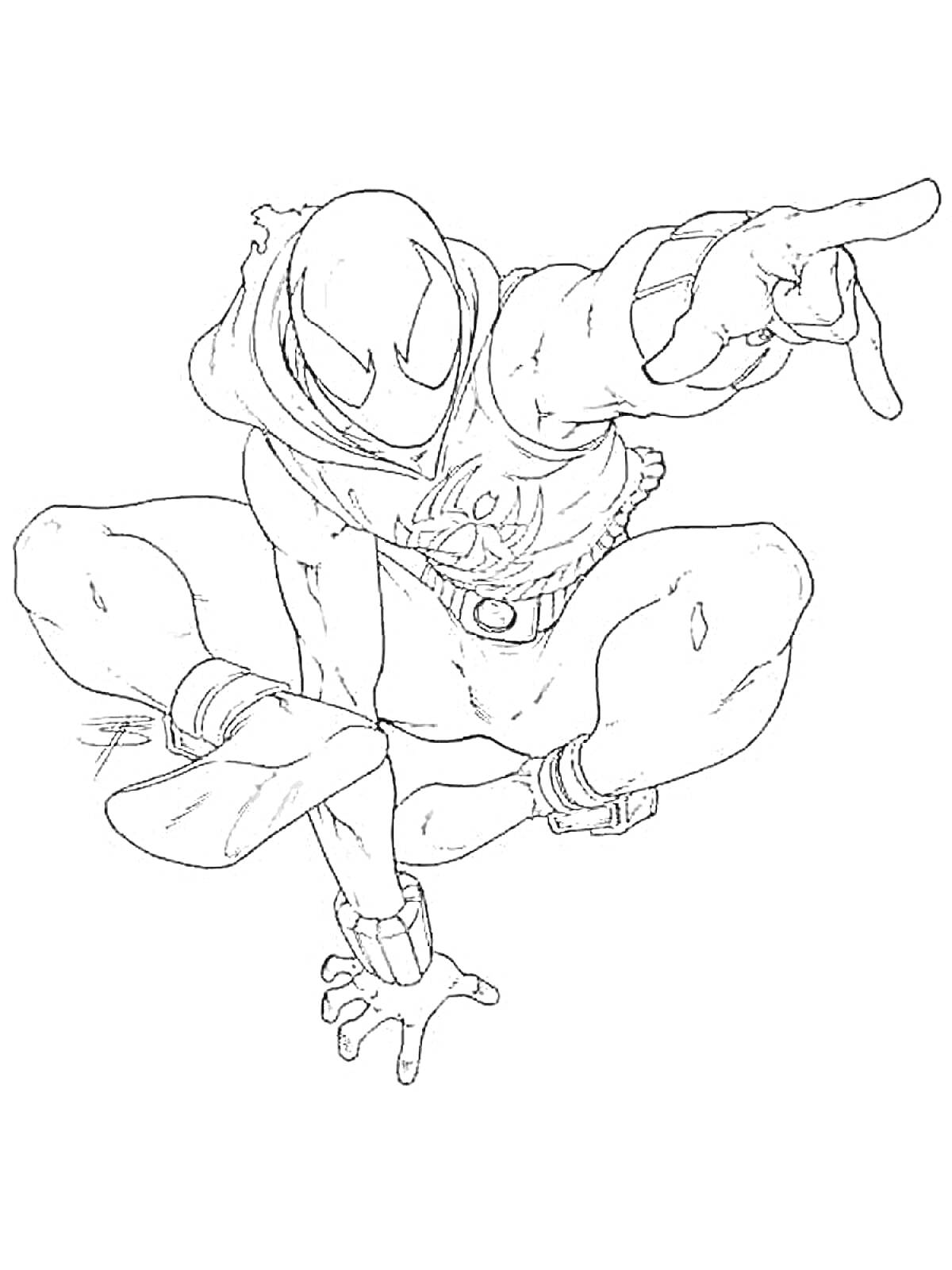 Раскраска человек паук майлз моралес в прыжке, вытянутая рука с пальцами в жесте 