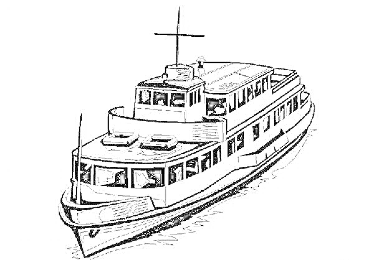 На раскраске изображено: Теплоход, Корабль, Труба, Окна, Лодка, Водный транспорт