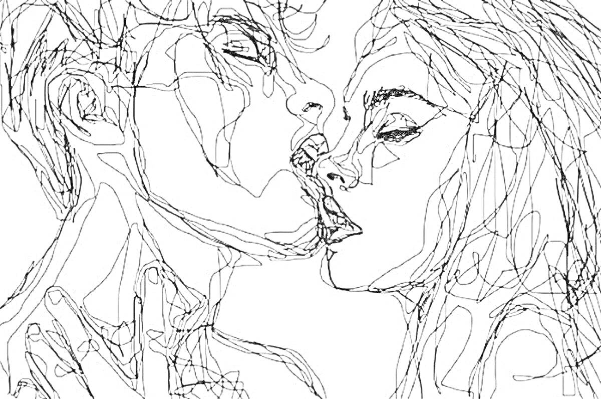 На раскраске изображено: Абстракция, Пара, Поцелуй, Линии, Любовь, Эстетика