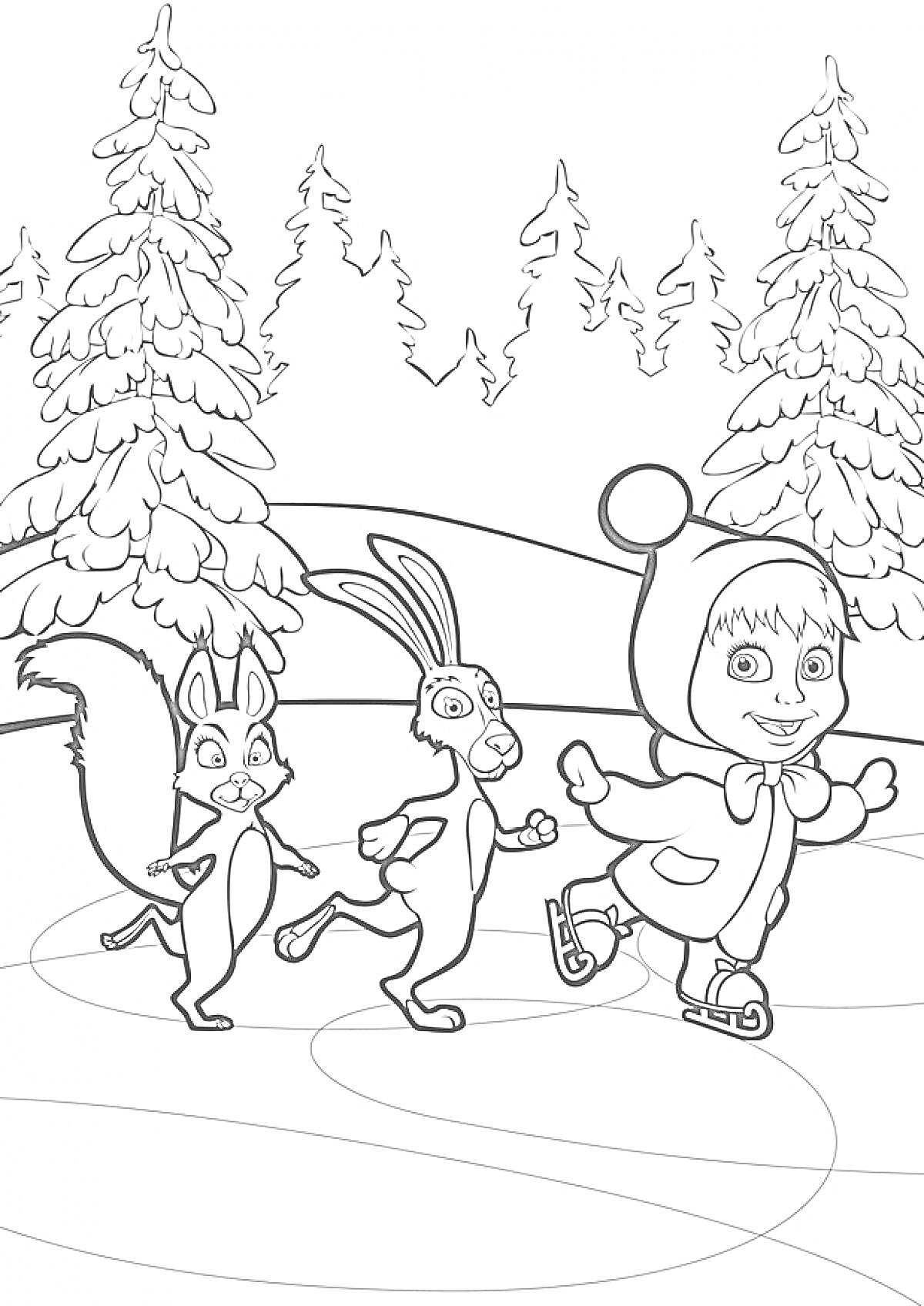 Дети и животные на коньках в лесу, ель, белка, заяц, ребенок в шапке