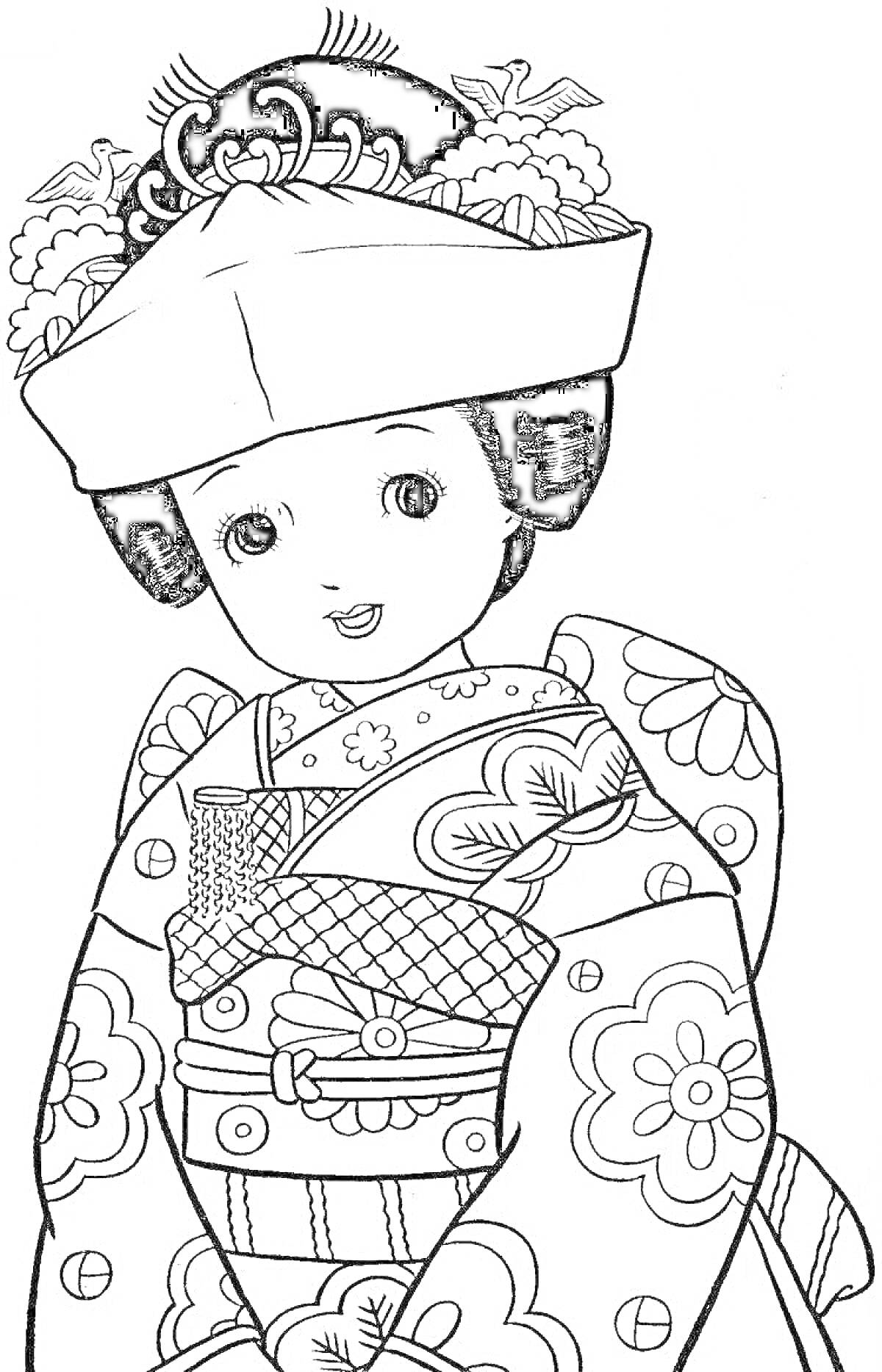 Раскраска Девочка в традиционном китайском наряде с аксессуарами