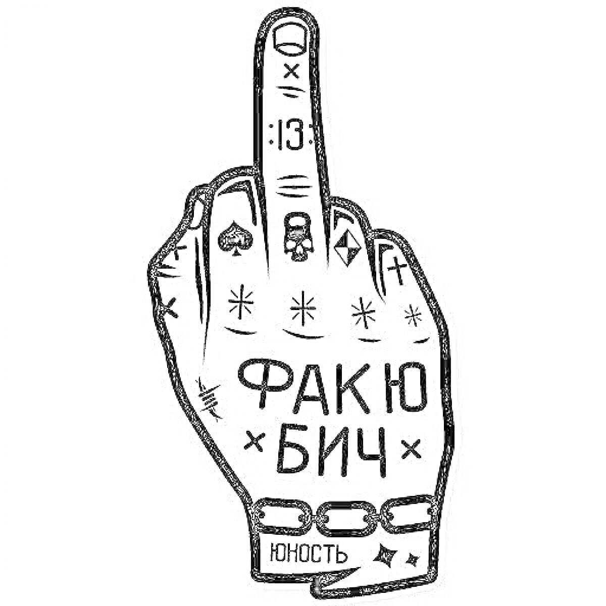 Раскраска Рука с поднятым средним пальцем, украшенная татуировками (пики, череп, звезды, цепи, надписи 