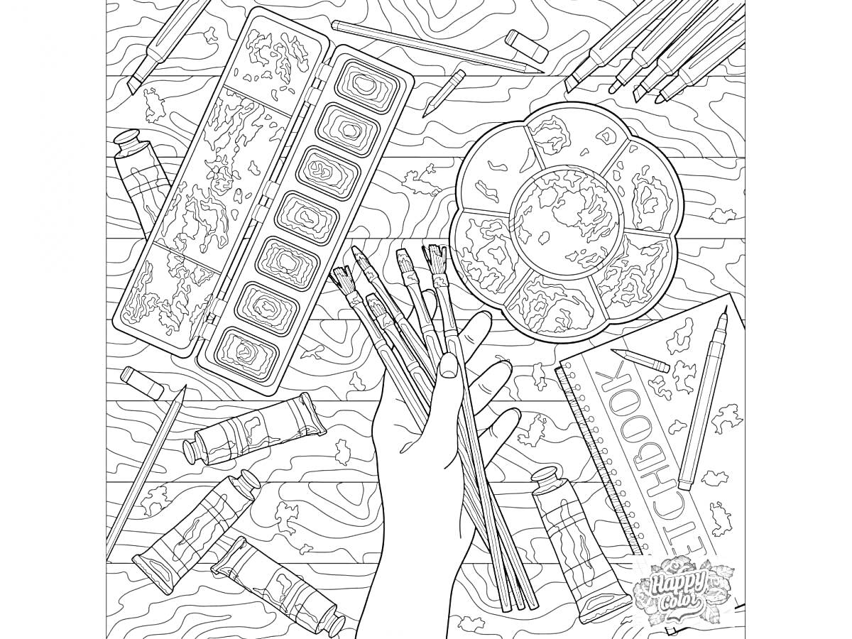 Раскраска Рука с карандашами и акварельные принадлежности