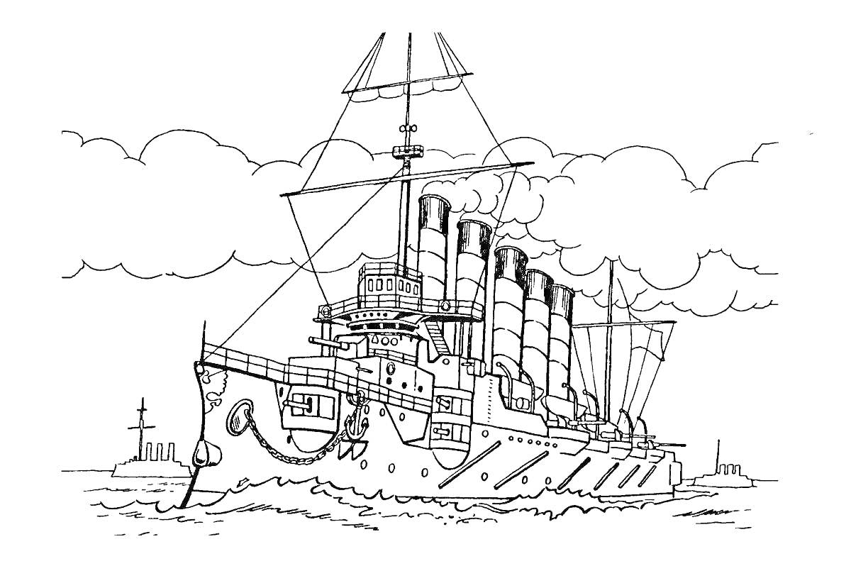 Раскраска военный корабль с четырьмя трубами, плывущий по морю под облаками