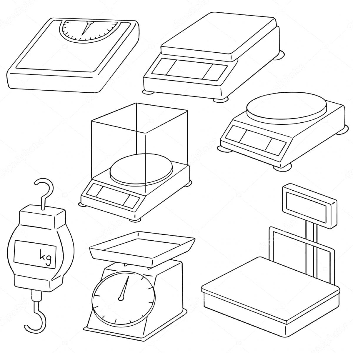 Раскраска Разнообразные весы: напольные весы, электронные весы для товаров, лабораторные весы, кухонные весы, весы с крючком с килограммами, весы с циферблатом, торговые весы.