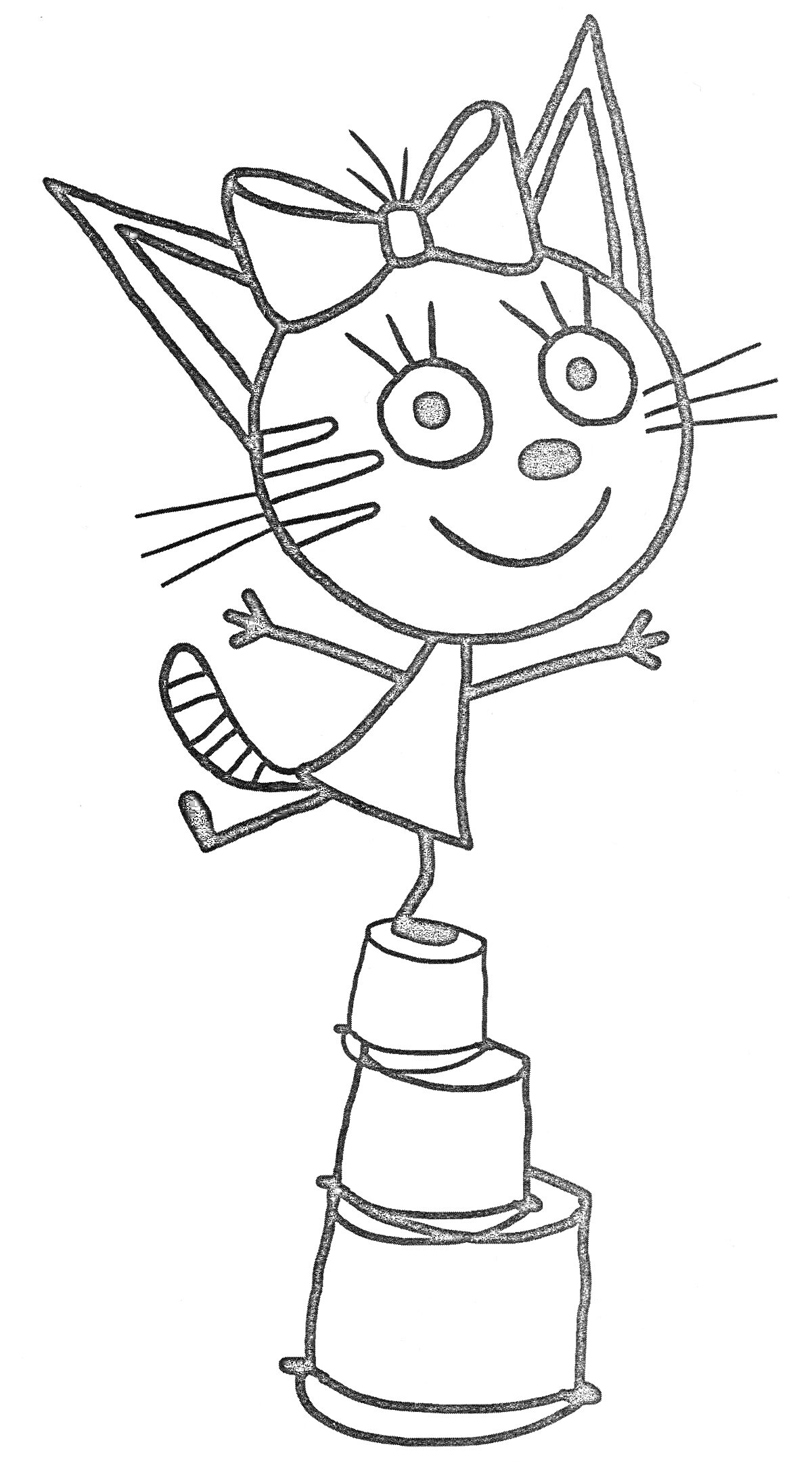 Раскраска Кошечка с бантиком на голове, балансирующая на вершине стопки кубиков