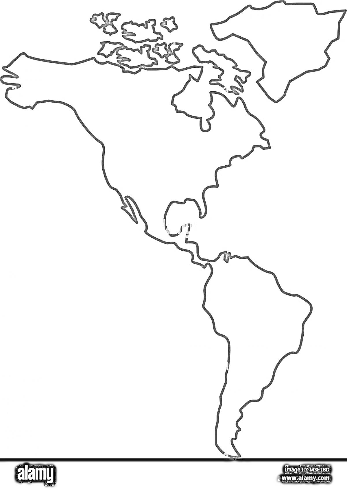 Раскраска Контурная карта Америк с изображением Северной и Южной Америки