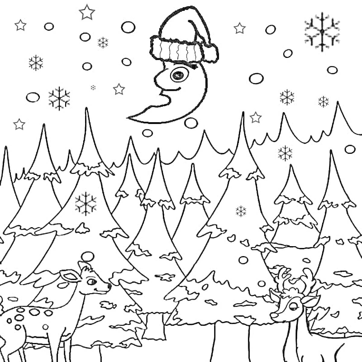Раскраска Лес зимой с оленями, елками, месяцем в шапке и снегом