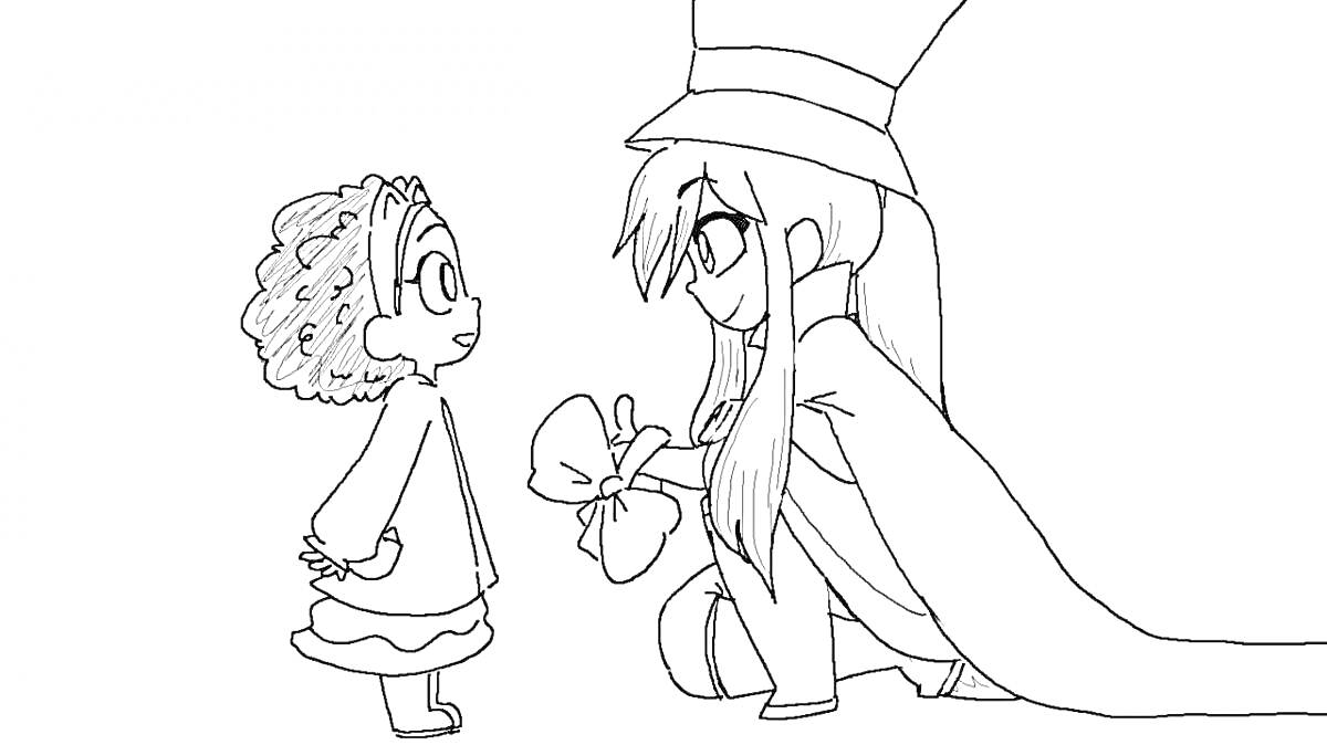 Раскраска Девочка и персонаж в шляпе и плаще с подарком в руке