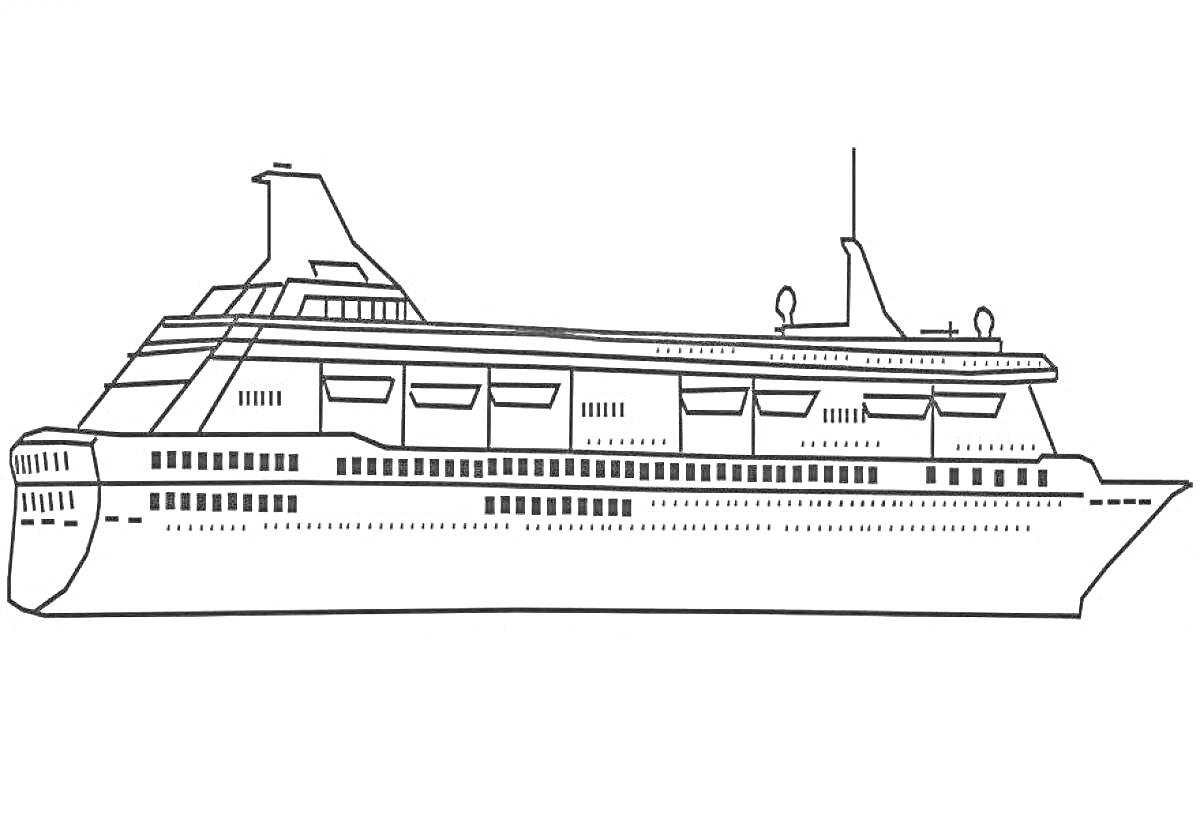 Раскраска Круизный лайнер с окнами, антеннами и мостиком