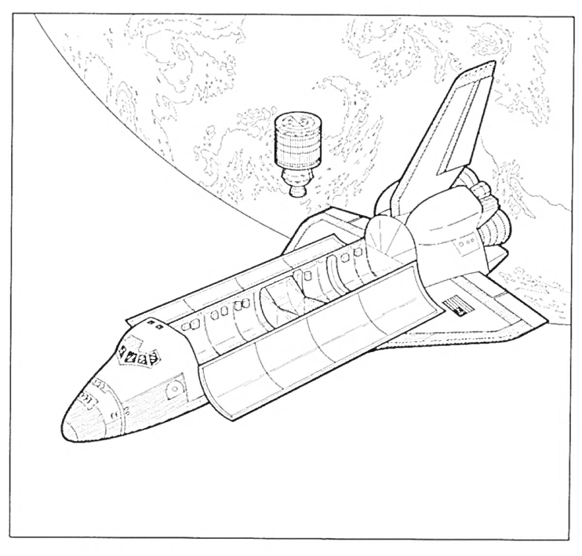 Раскраска Космический корабль с раскрытым отсеком и спутником на фоне планеты