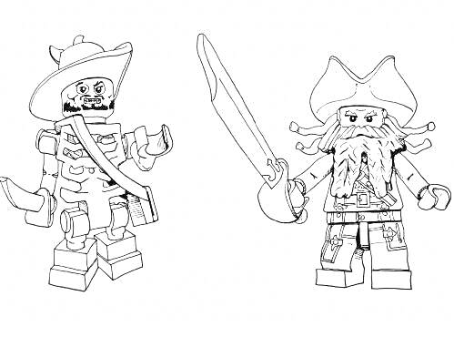 Раскраска Лего Пираты, два пирата, один с крюком и шляпой, другой с мечом и шляпой с перьями