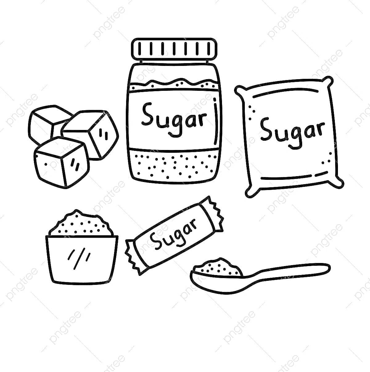Раскраска Кусочки сахара, банка с сахаром, мешок сахара, пиала с сахаром, пакетик сахара, ложка с сахаром