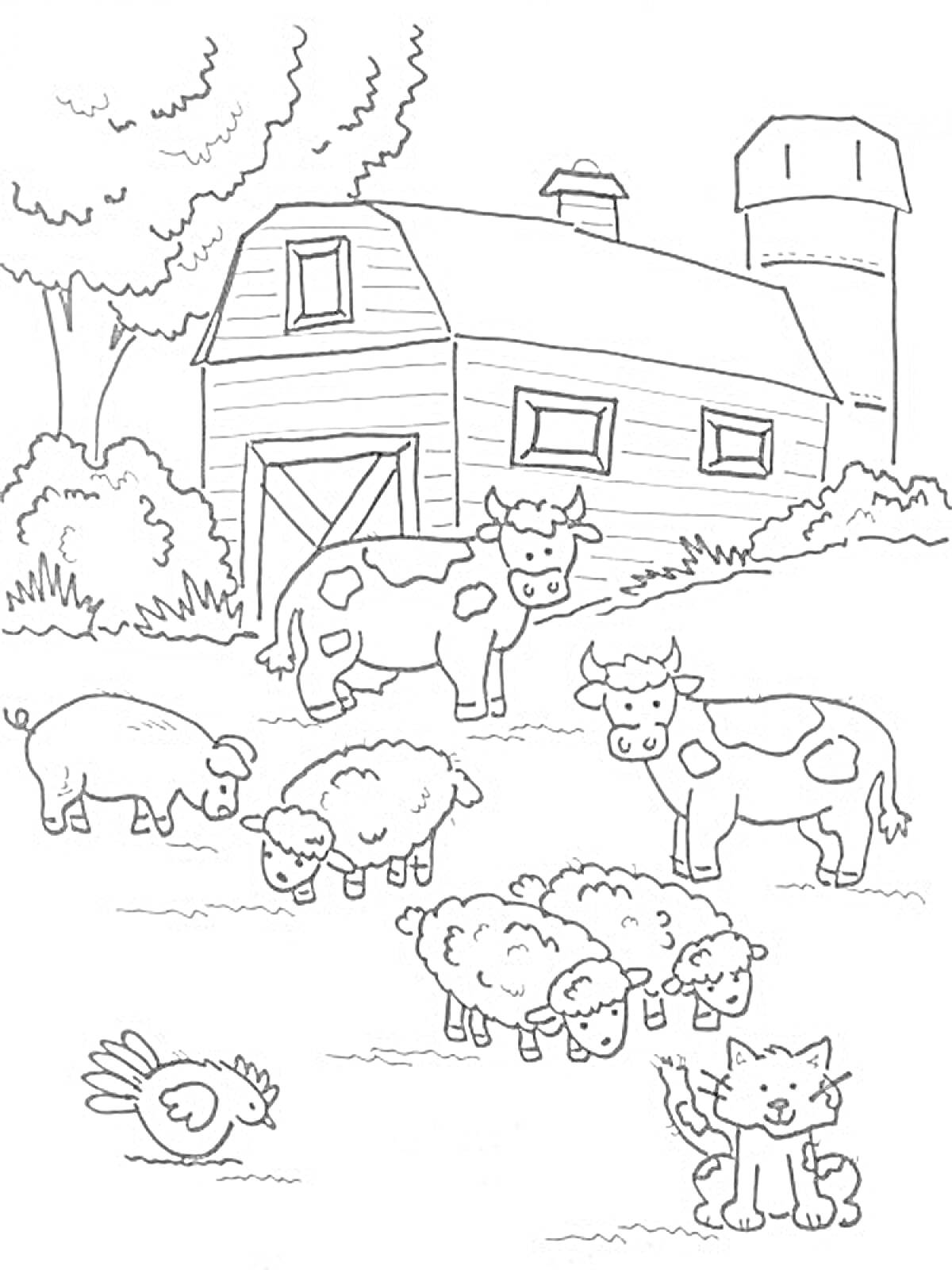 Раскраска Ферма с амбаром, коровами, овцами, поросёнком, курицей и котом