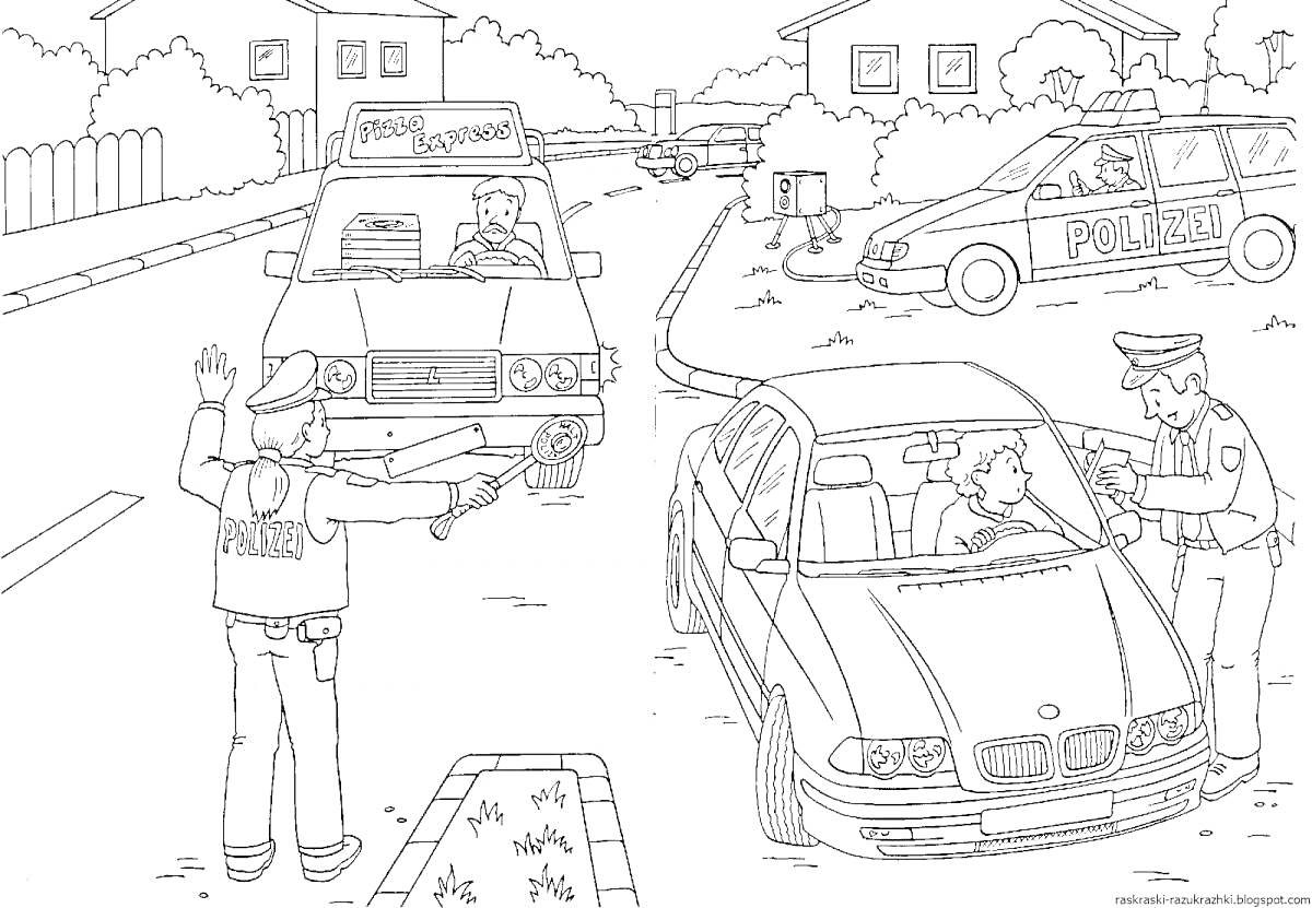 Раскраска Полицейская проверка на дороге с участием нескольких автомобилей и сотрудников полиции