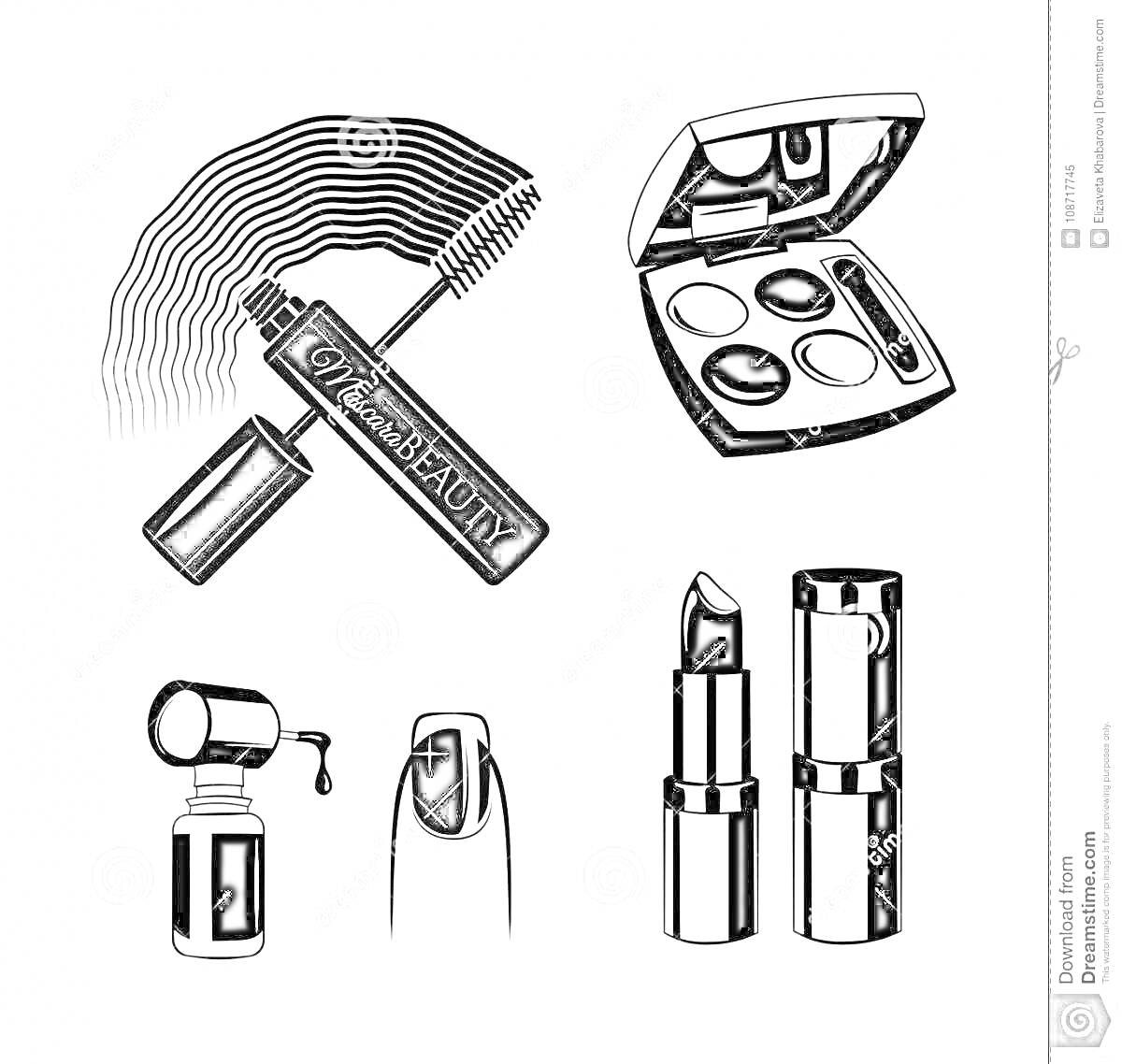 На раскраске изображено: Тени, Лак для ногтей, Помада, Тушь для ресниц, Косметика, Макияж, Косметичка