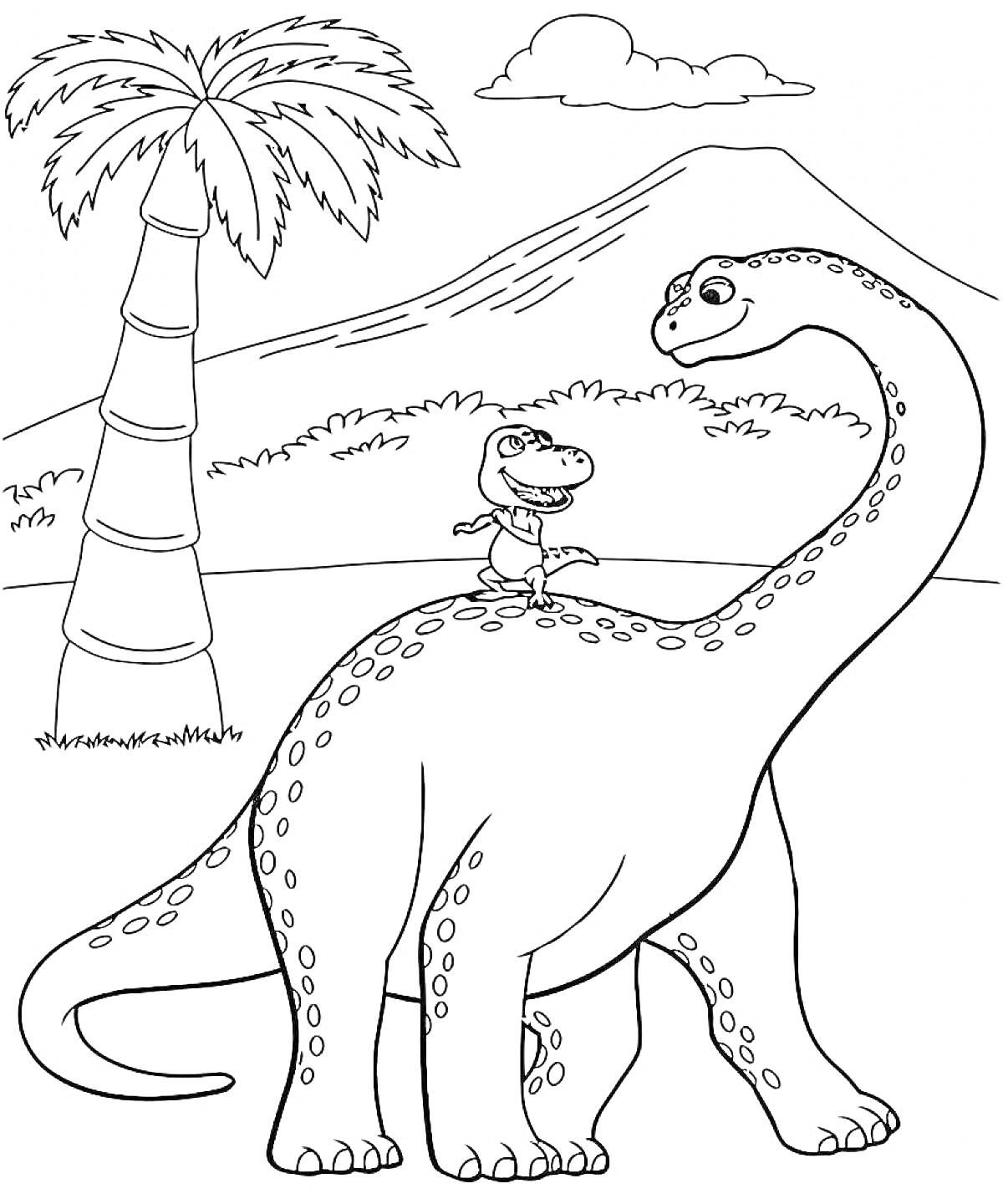 Большой динозавр с малышом на спине, пальма и гора на заднем плане