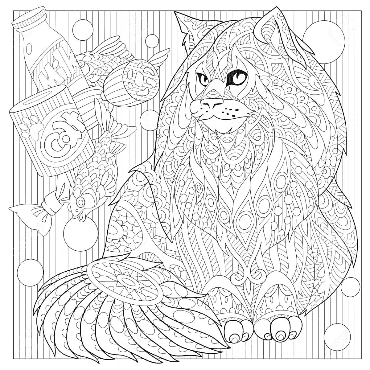 Раскраска енот с антистрессовыми узорами, еда, банки, рыба