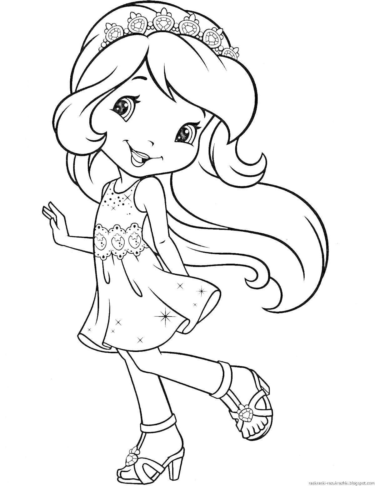 Раскраска Девочка с длинными волосами в платье с цветами и в венке