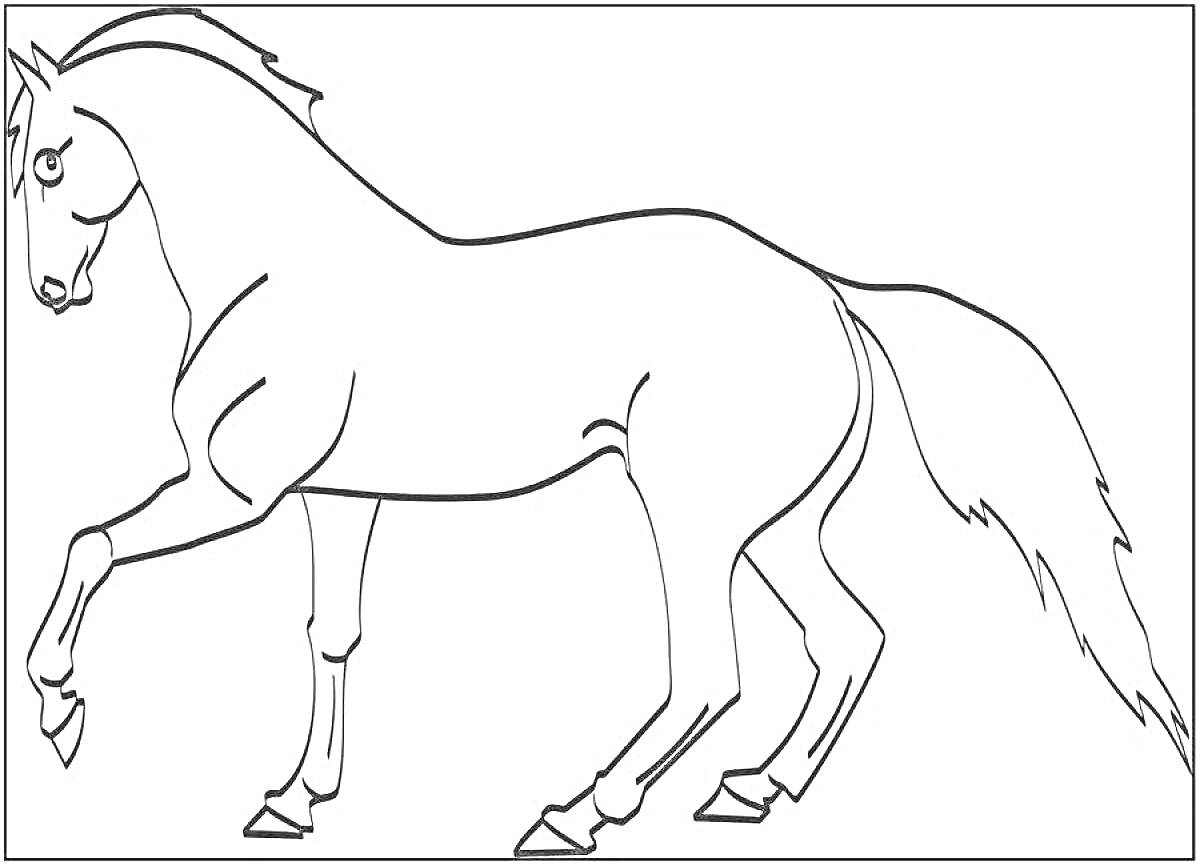 На раскраске изображено: Лошадь, Животные, Поднятая нога, Грива, Хвост, Для детей, Контурные рисунки