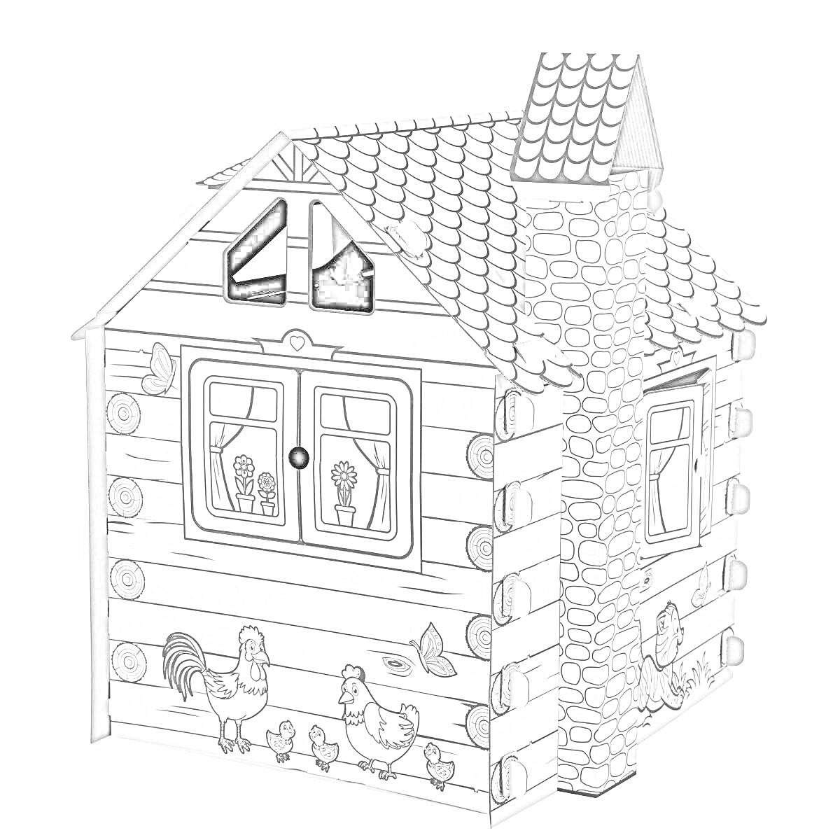 Раскраска Картонный игровой домик с изображением кур, петуха и цветочных окон