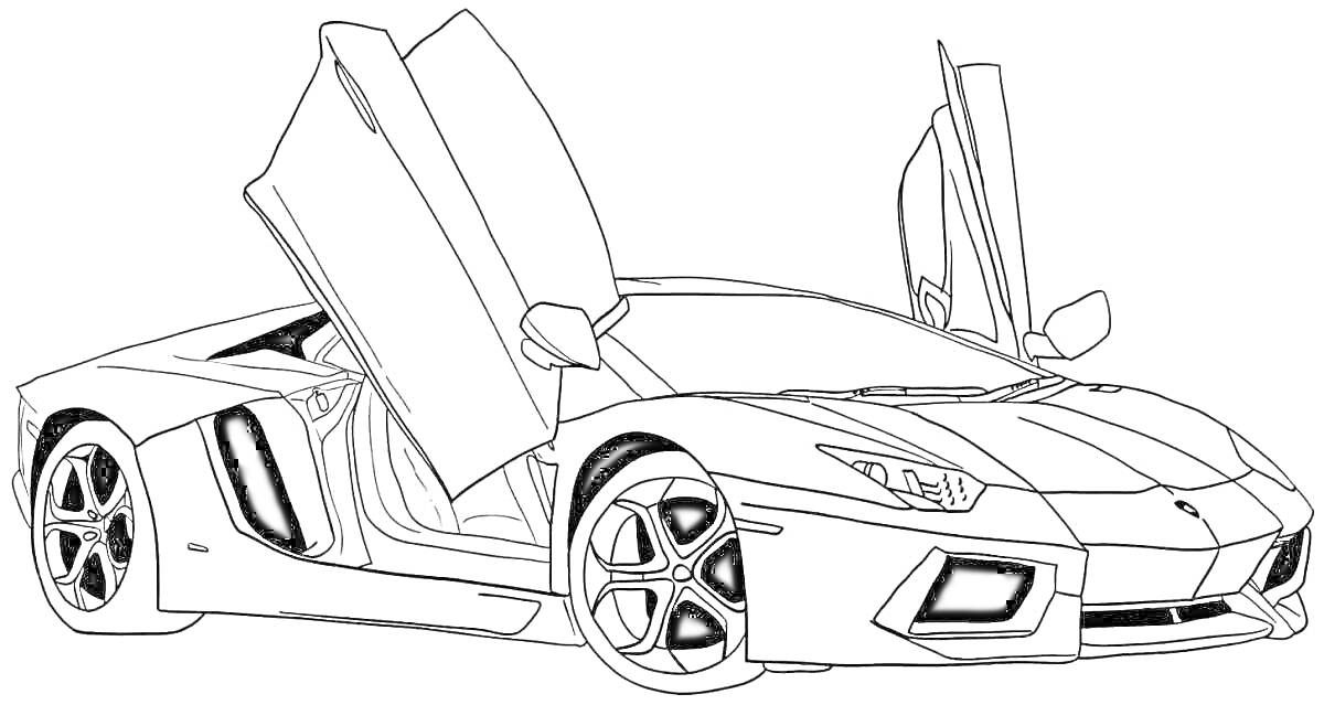 Раскраска Спортивный автомобиль с открытыми дверями-«крыльями», колеса с хромированными дисками, агрессивные фары