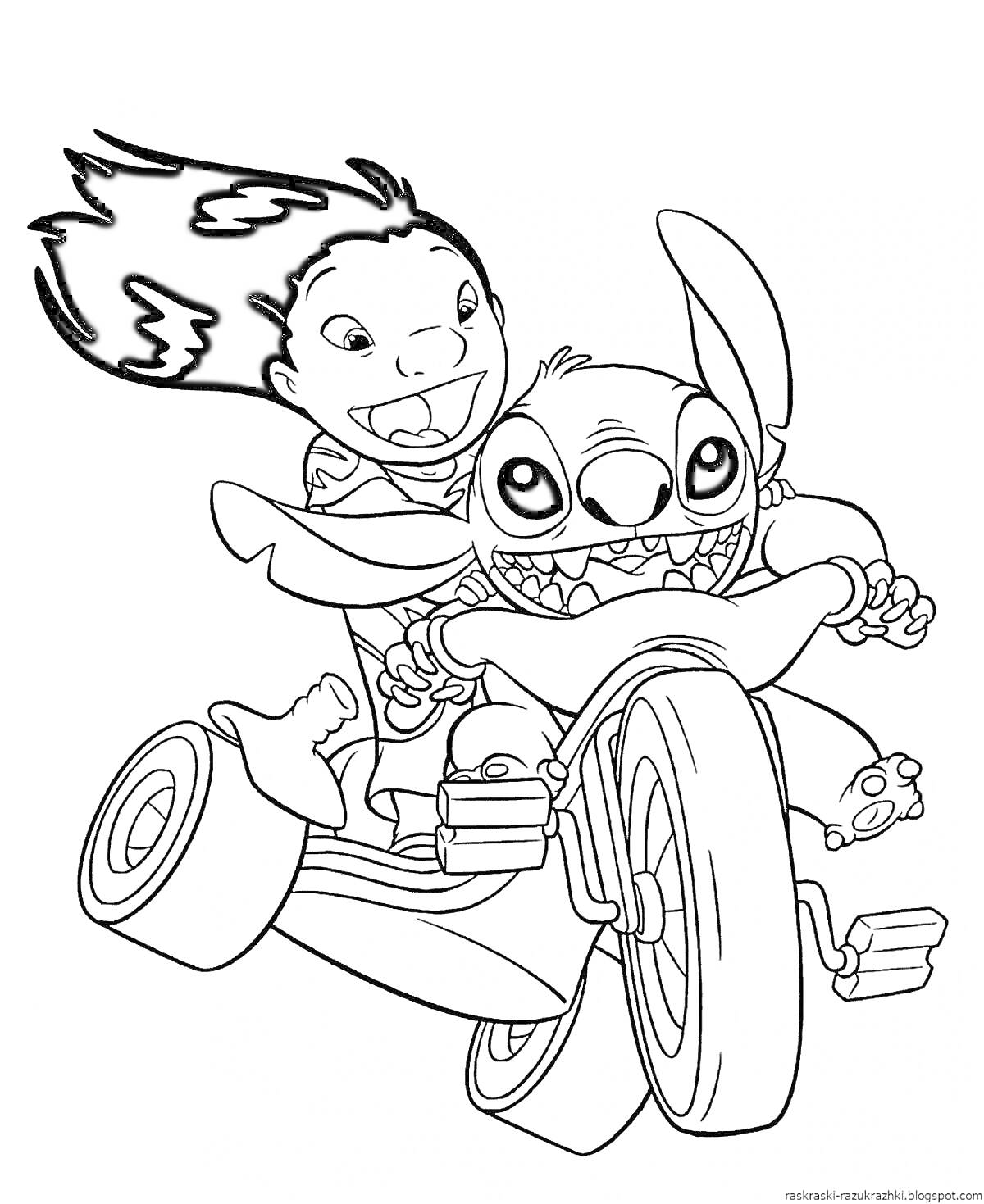 Раскраска Стич и девочка на мотоцикле