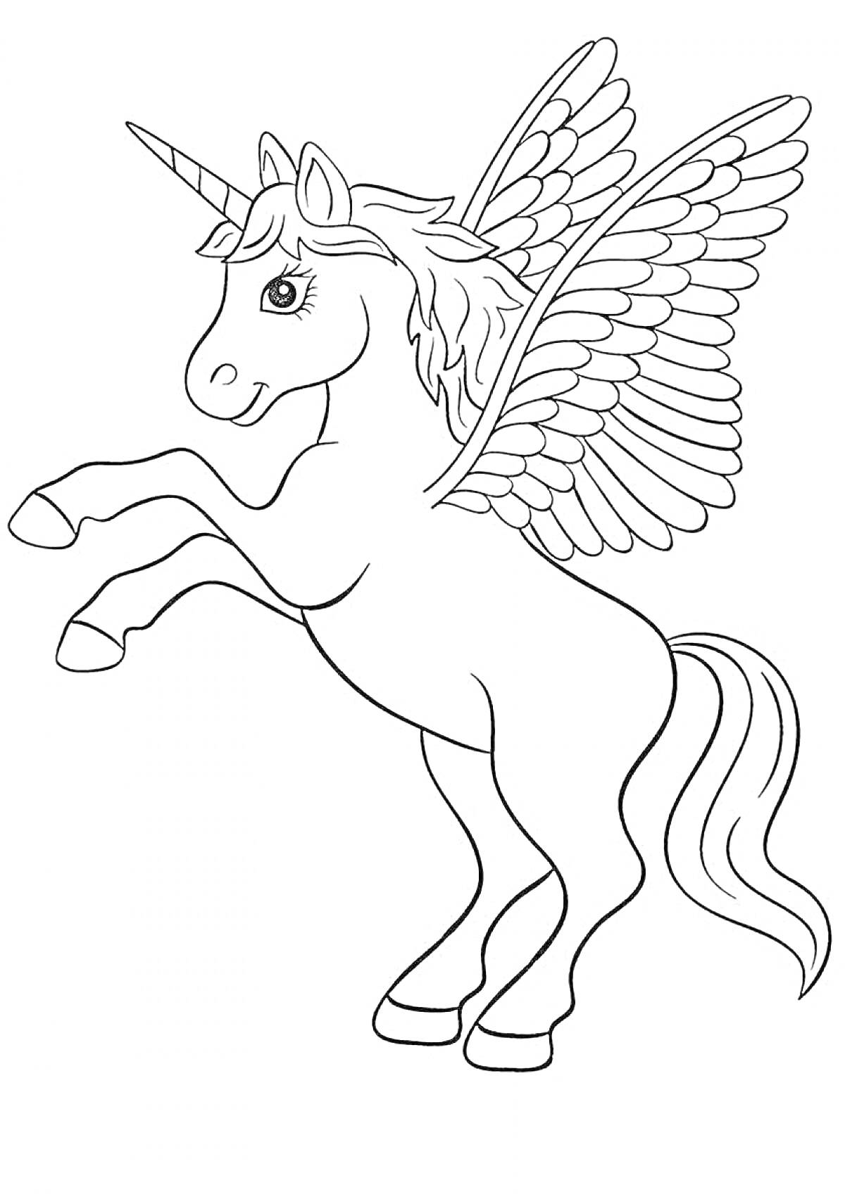 На раскраске изображено: Крылья, Лошадь, Для детей, Волшебное существо, Фэнтези, Единороги, Мифические существа