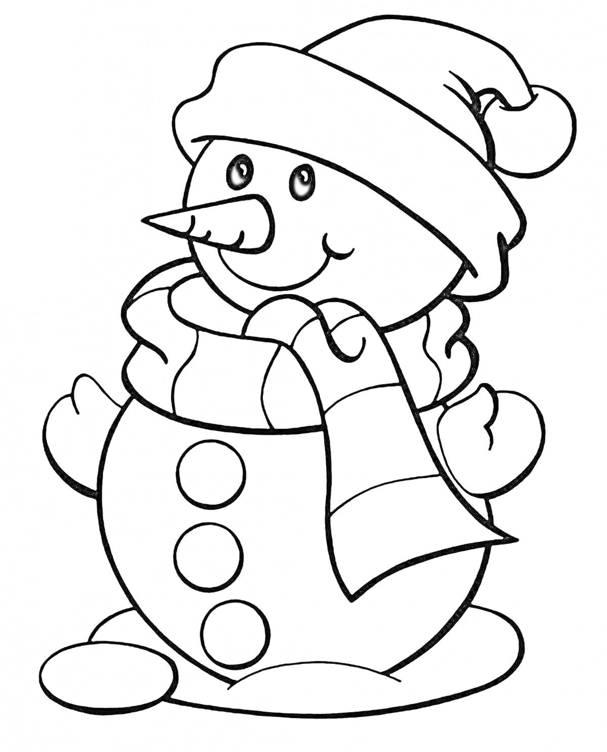Раскраска Снеговик в шапке и шарфе с пуговицами