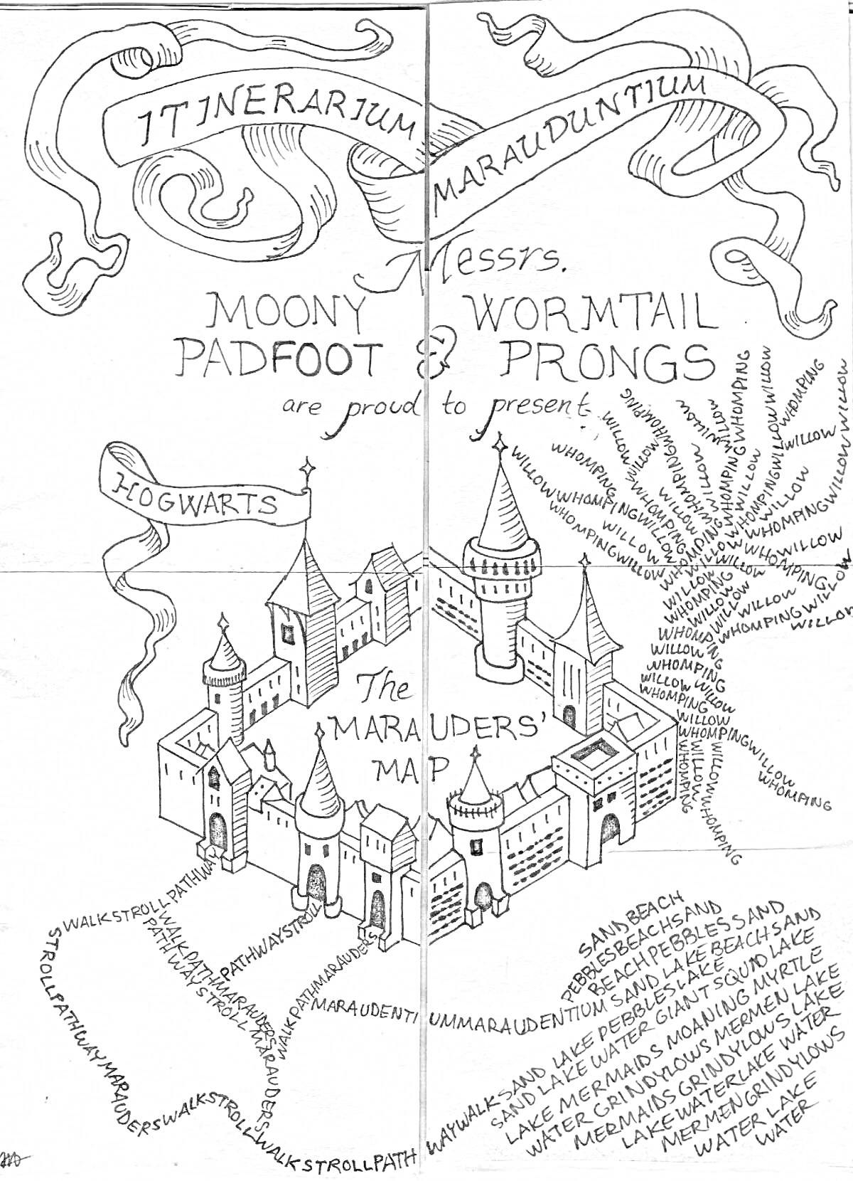 Карта Мародёров с изображением замка Хогвартса, подписями элементов и декоративными лентами