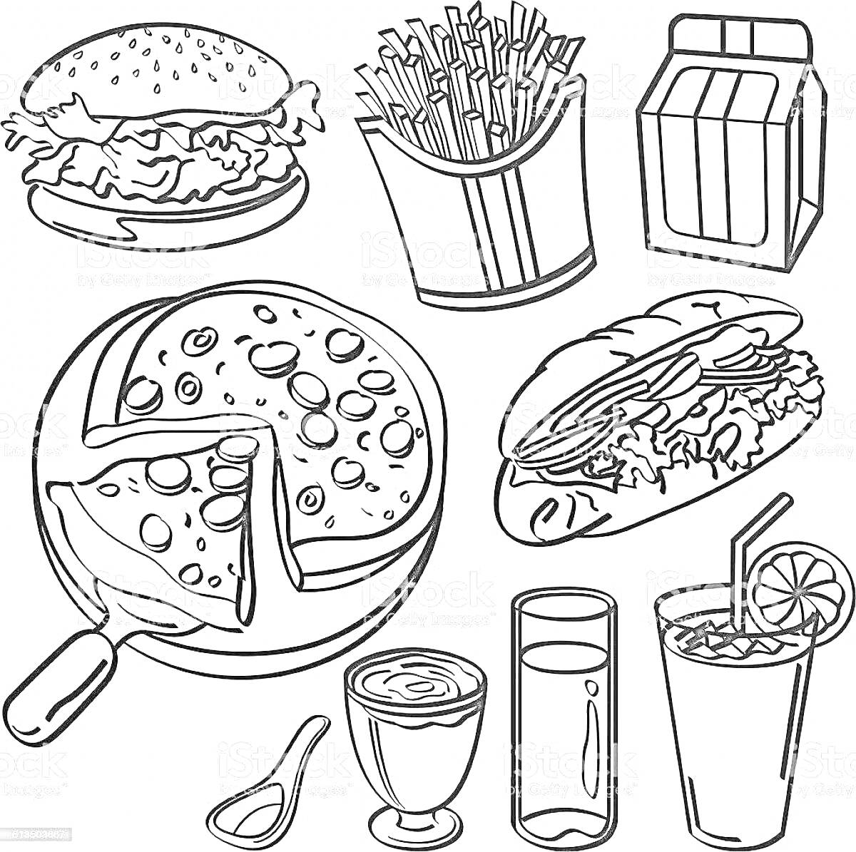 Раскраска Бургер, картофель фри, пакет сока, пицца, подвальный бутерброд, йогурт, чайная ложка, стакан, коктейль со льдом и лимоном