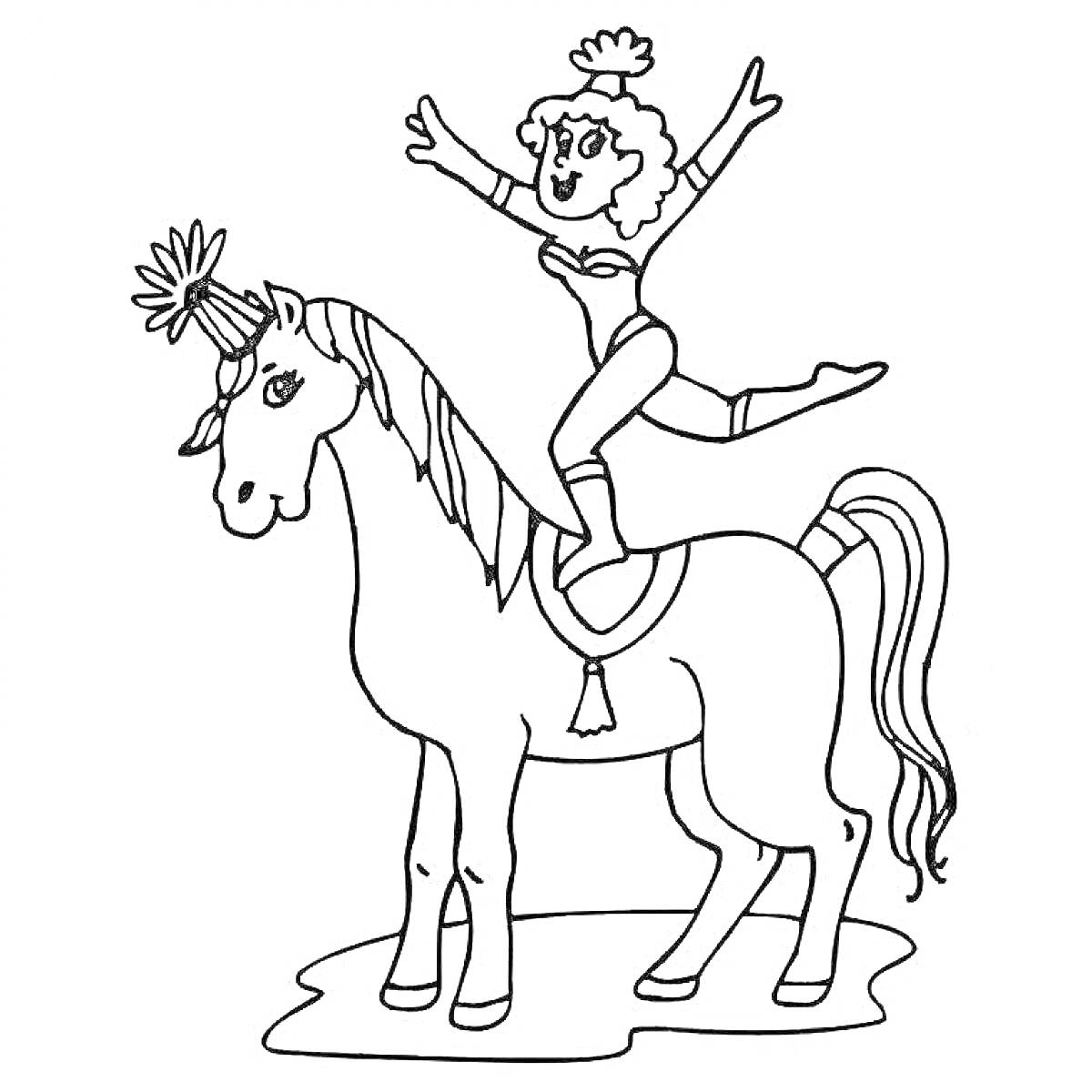 На раскраске изображено: Цирк, Акробат, Лошадь, Трюк, Ребенок, Конь, Всадник, Акробатика, Цирковое представление