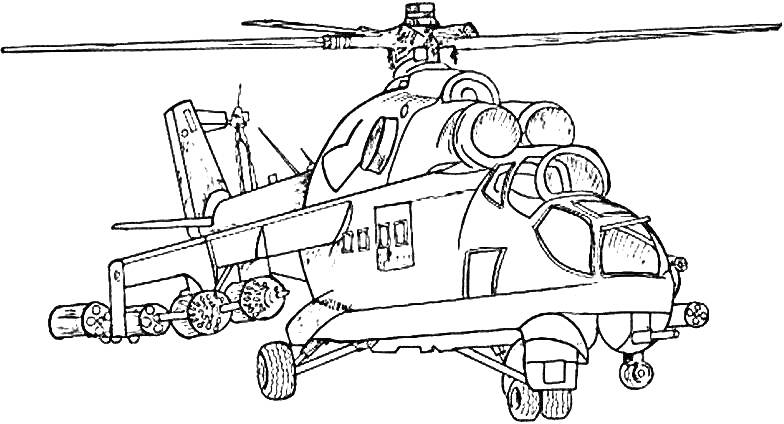 Раскраска Военный вертолет с турелями, винтами и лыжами для приземления