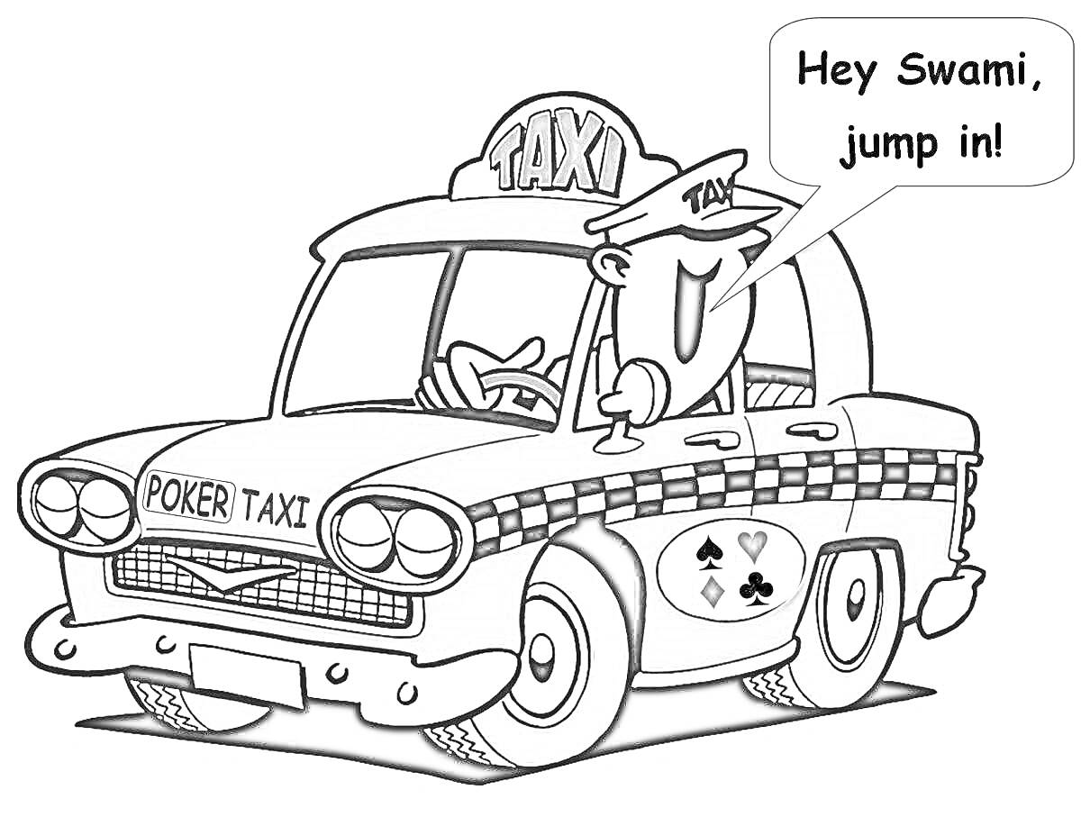 Раскраска Такси машинка с водителем, надпись на дверях 