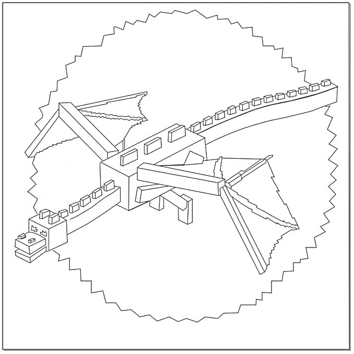 Раскраска Дракон из Майнкрафт с крылами и хвостом внутри круглой рамки