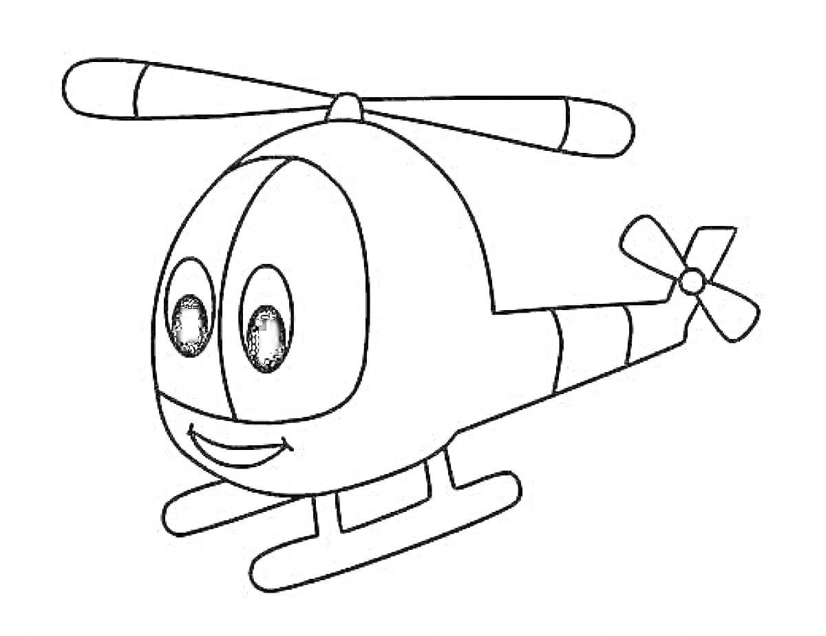 На раскраске изображено: Вертолет, 3 года, 4 года, Большие глаза, Хвостовое оперение, Для детей, Пропеллеры