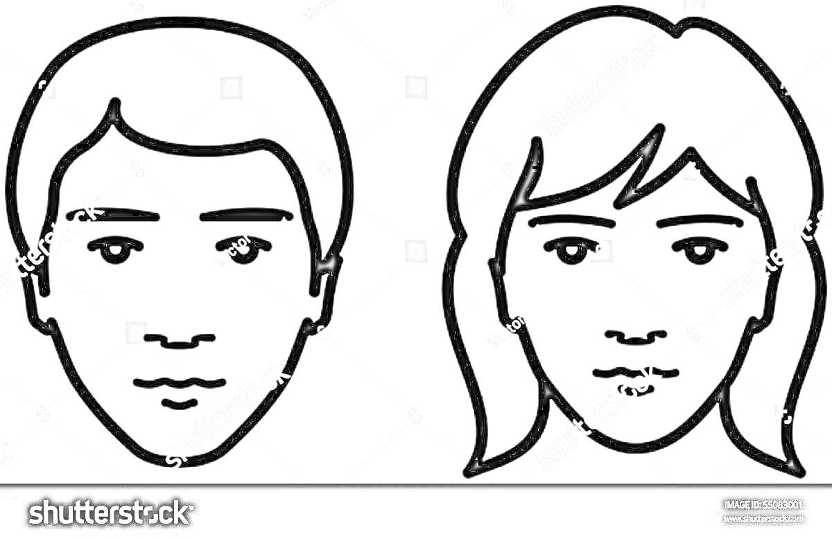 Раскраска Контурные рисунки головы мужчины и женщины с прической