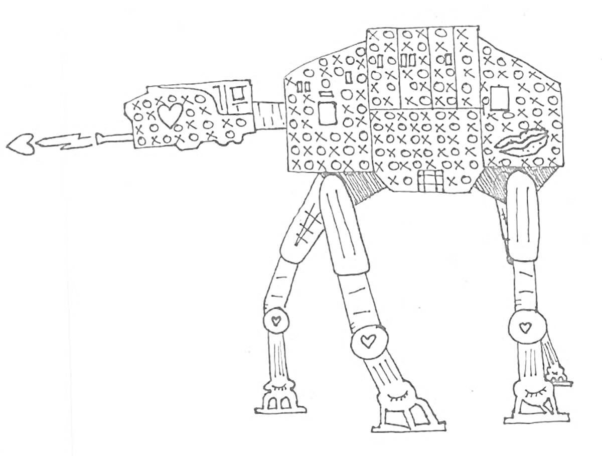 Раскраска Военная машина с сердечками и крестиками-ноликами
