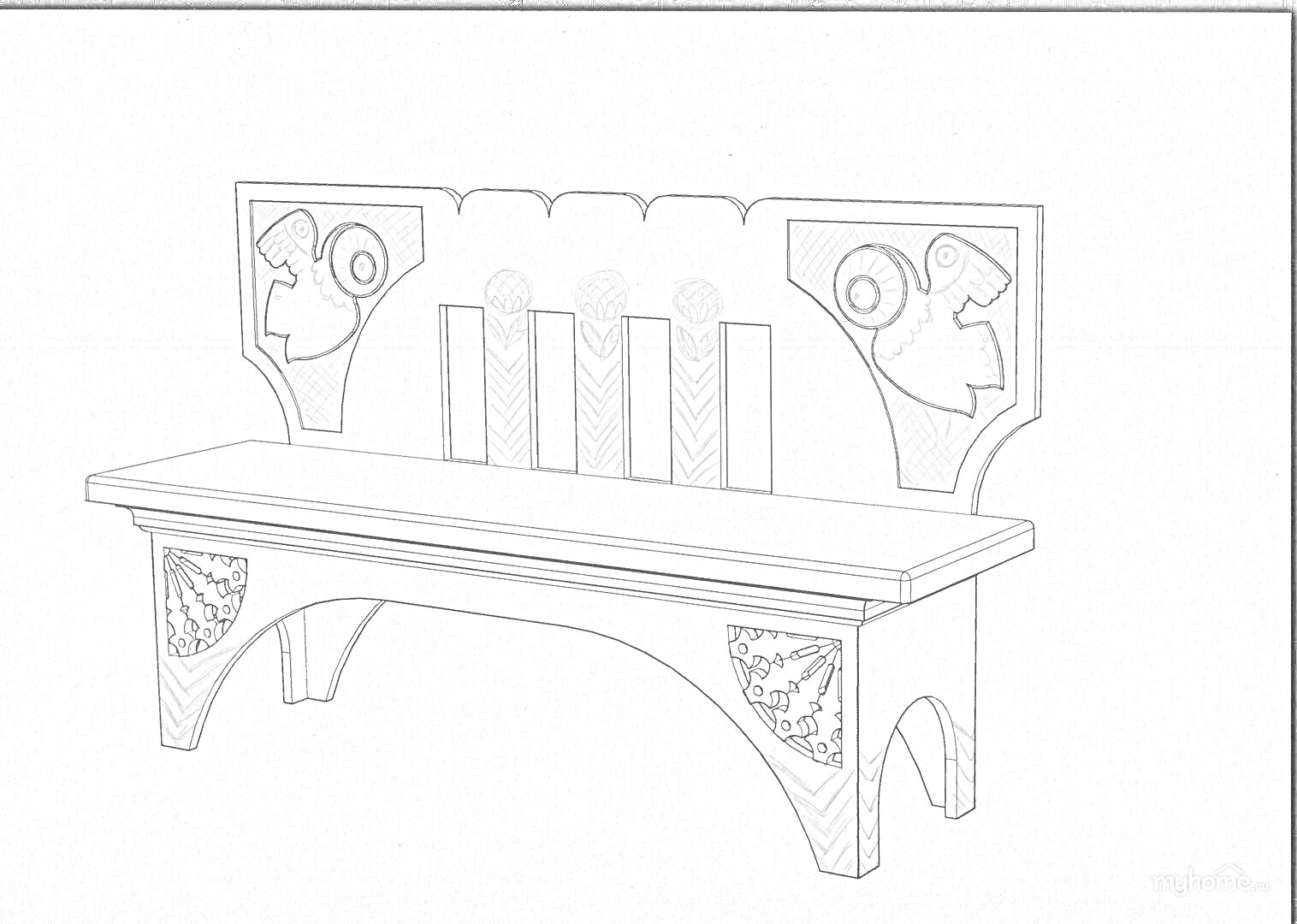 Раскраска скамейка для детей с декоративными элементами: 4 столбика на спинке, 2 фриза с узорами, 2 декоративные панели со стилизованными птицами.