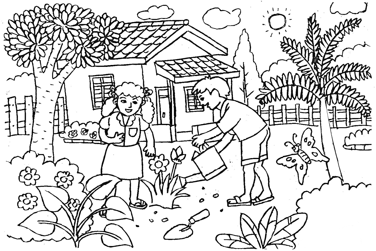 Раскраска Дети в саду перед домом, деревья, кустарники, цветы, забор, солнце, облака, бабочка, лейка, лопата