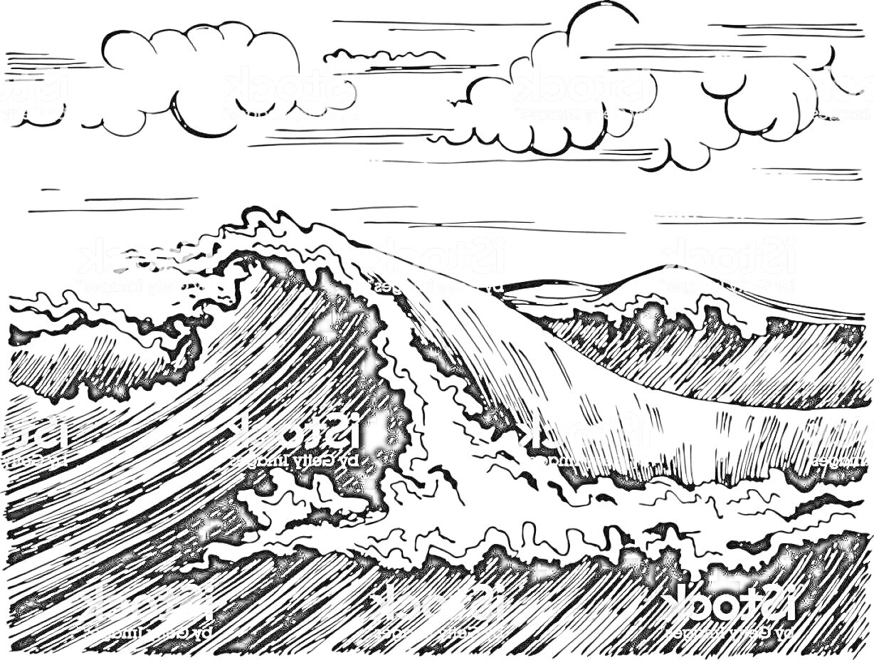 На раскраске изображено: Волны, Море, Облака, Ветер, Природа