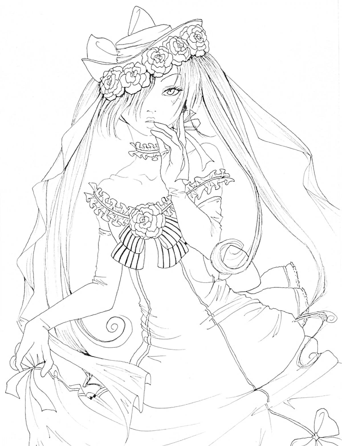 Раскраска Аниме девушка в цветочном венке и платье