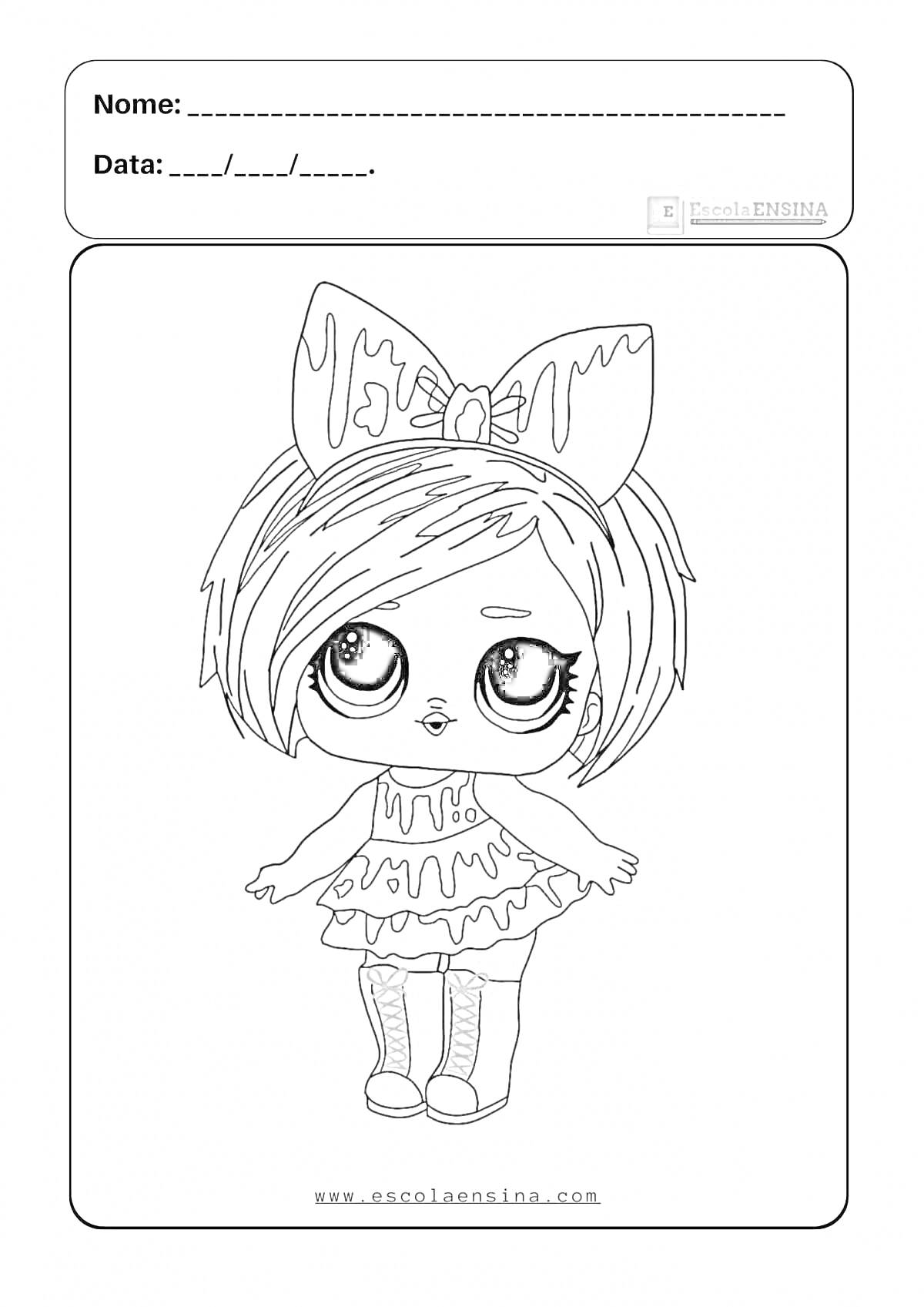 Раскраска Кукла LOL с бантом, каплями на платье, большими глазами и ботинками
