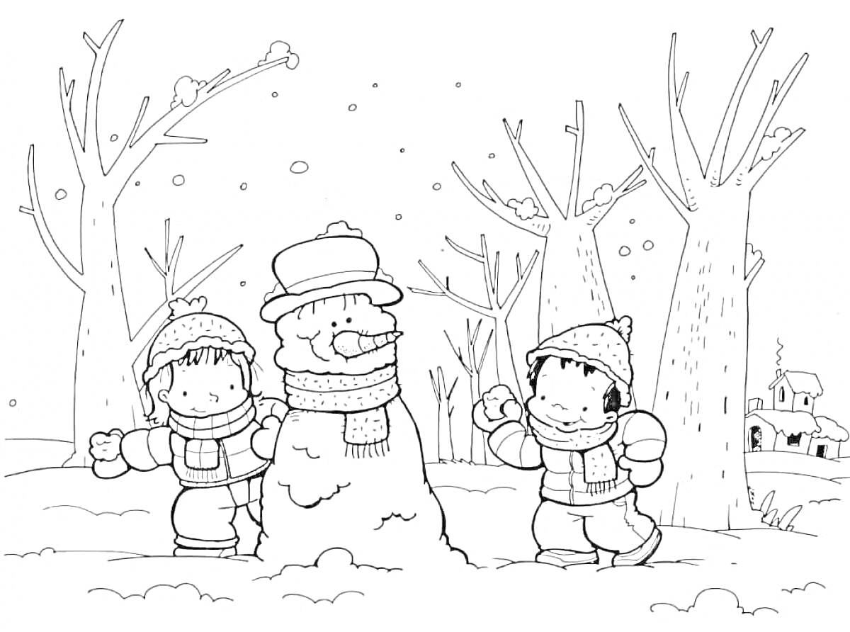 На раскраске изображено: Зимний лес, Снег, Деревья, Домик, Перчатки, Снегопад, Зима