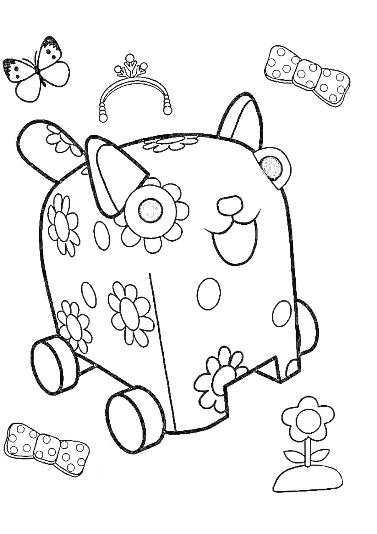На раскраске изображено: Деревянная игрушка, Цветы, Колеса, Бабочка, Диадема, Бант, Собака
