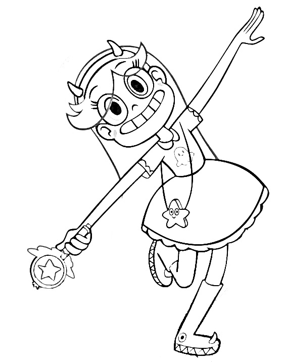Раскраска Девочка с рожками в платье с ловцом и звездой на цепочке
