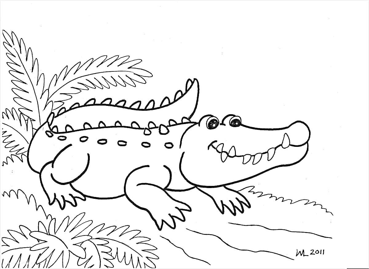 На раскраске изображено: Крокодил, Тропики, Джунгли, Листья, Река, Животные