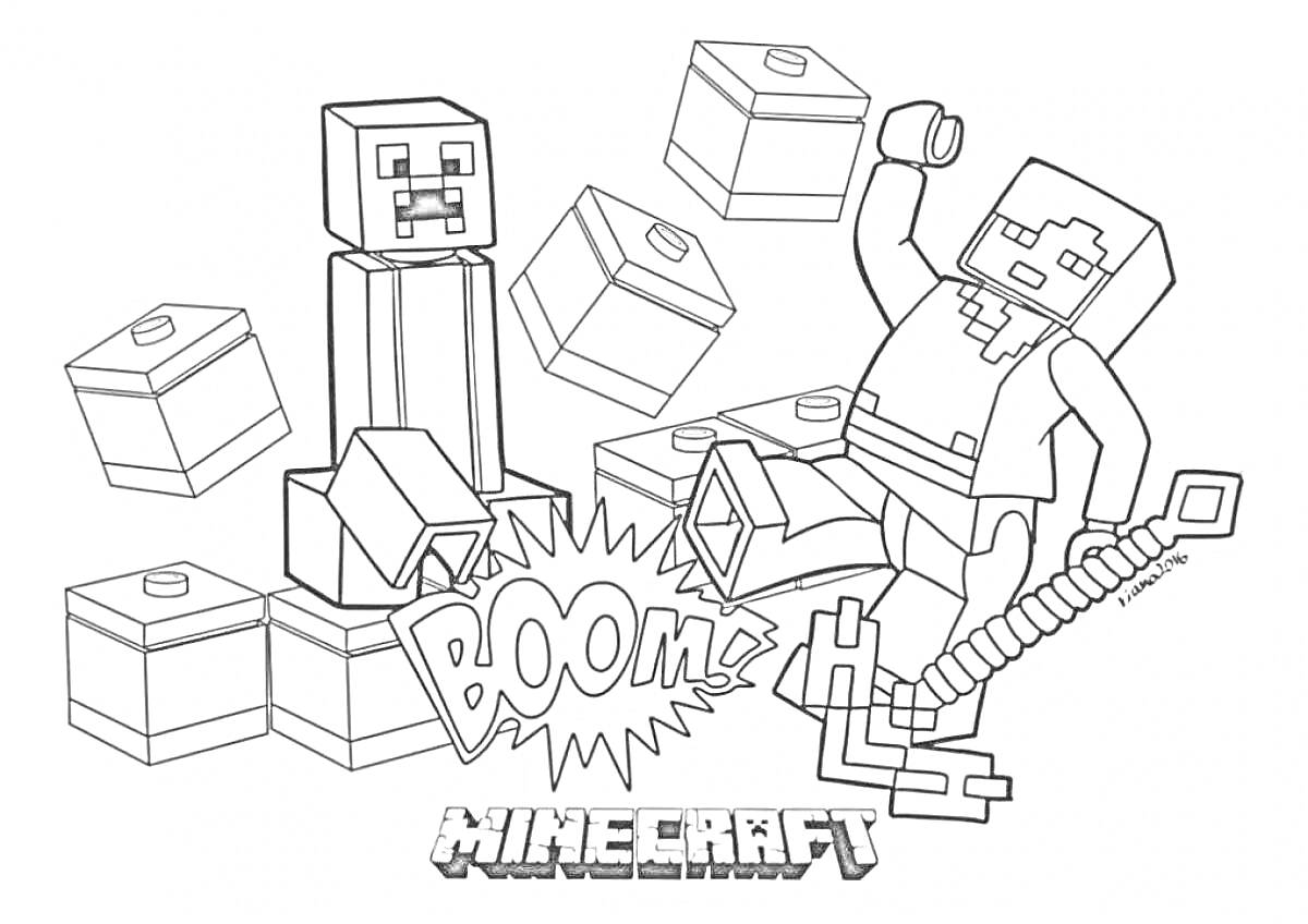 Minecraft персонажи Стив и Крипер, взрыв, кубы
