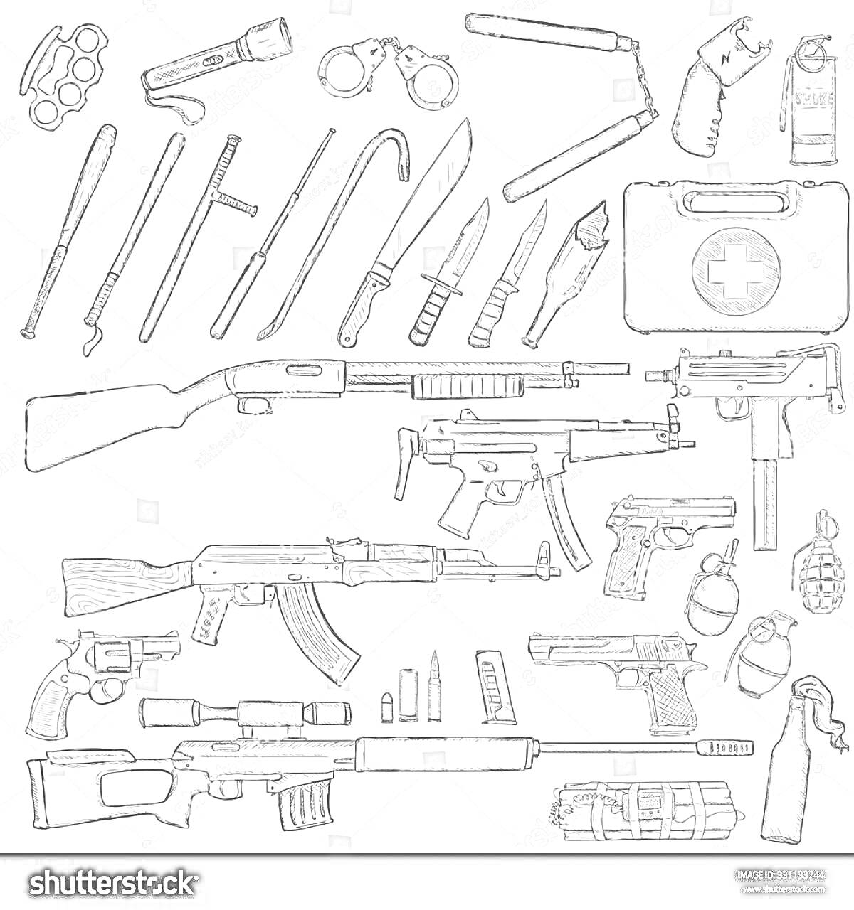Раскраска Огнестрельные оружия и аксессуары: помповое ружьё, автомат, пистолет-пулемет, штурмовая винтовка, снайперская винтовка, различные ножи, мачете, боеприпасы, гранаты, аптечка, радиостанция, наручники, дубинка, фонарик, патроны, глушитель, рация, дымовая шаш